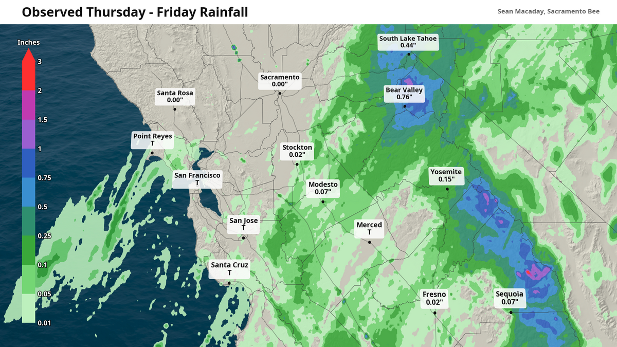 Radar-derived rainfall across Central California over Thursday and Friday, with the highest totals falling in the high peaks of the Sierra.